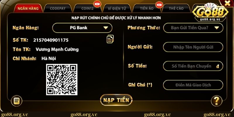 Nạp tiền GO88 - Hướng dẫn giao dịch siêu tốc và nhanh chóng 1 Phương thức nạp tiền bằng ngân hàng tại cổng game GO88