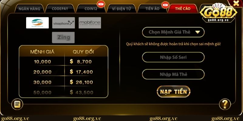 Nạp tiền GO88 - Hướng dẫn giao dịch siêu tốc và nhanh chóng 2 Phương thức nạp bằng hình thức thẻ cào tại GO88
