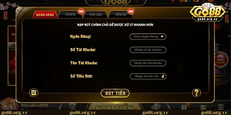 Rút tiền GO88: Hướng dẫn chi tiết chỉ trong 5 phút 1 Giao diện rút tiền bằng ngân hàng tại cổng game GO88